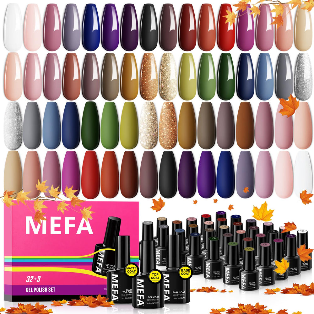 MEFA Fall Gel Nail Polish Set 32 colors swatches display seasonal shades for easy selection