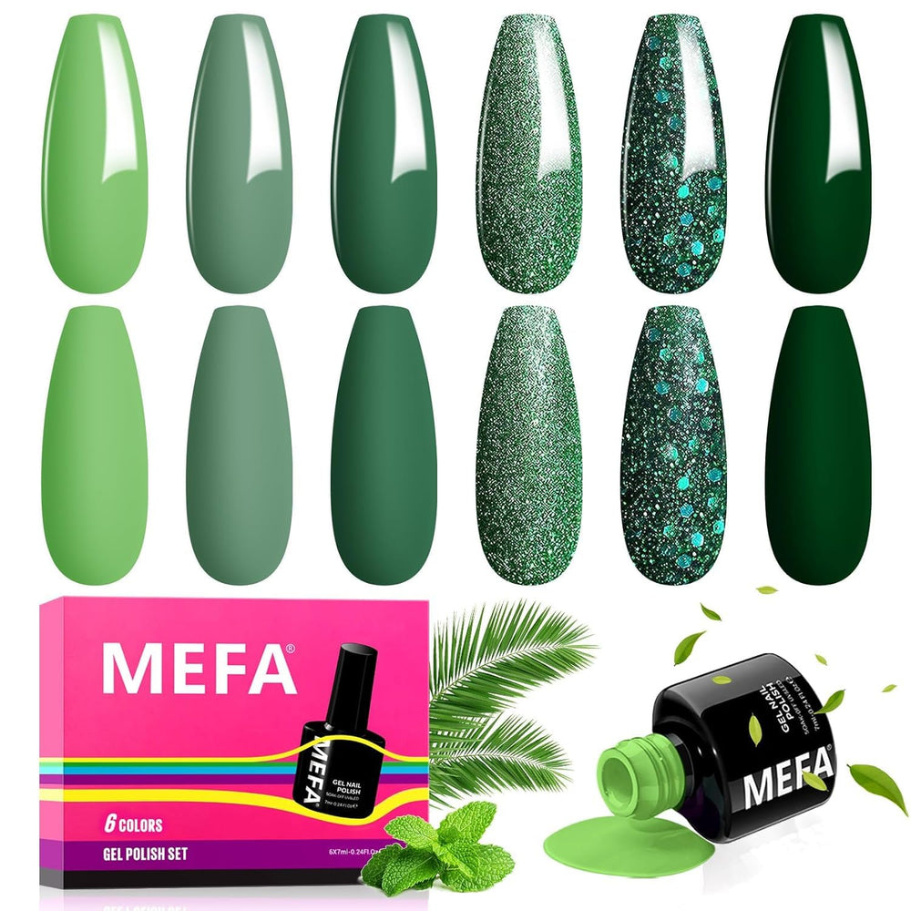 MEFA Green Gel Nail Polish set swatches six greens for chic manicures