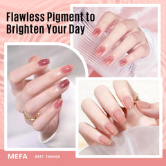 MEFA Jelly Gel Nail Polish Set brush applications demonstrate smooth, brush-stroke-free gel polish for professional-looking nails.