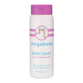Megababe Body Dust lavender bottle close-up highlighting talc-free formula and calming scent