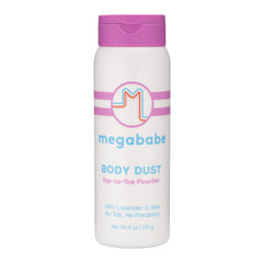 Megababe Body Dust lavender bottle close-up highlighting talc-free formula and calming scent