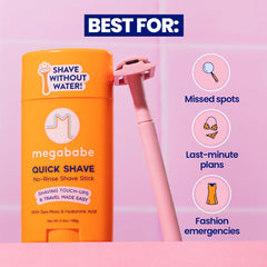 Megababe Quick Shave Stick provides hydrating shave with sea moss and hyaluronic acid.