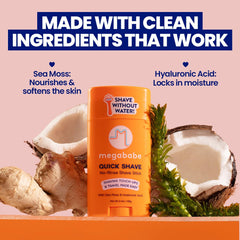 Megababe Quick Shave Stick tube opened shows no-rinse, mess-free usage.