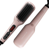 MEGAWISE Pro ceramic ionic straightener brush in use for smooth detangling and quick straightening.