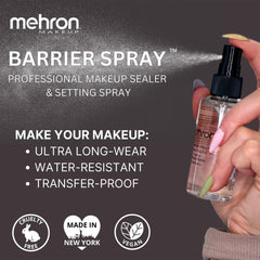 Mehron Barrier Spray application demonstrates easy, even setting after makeup.