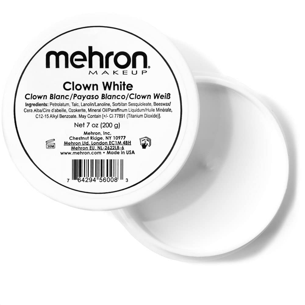 Mehron Clown White cream makeup application shows smooth stage coverage.
