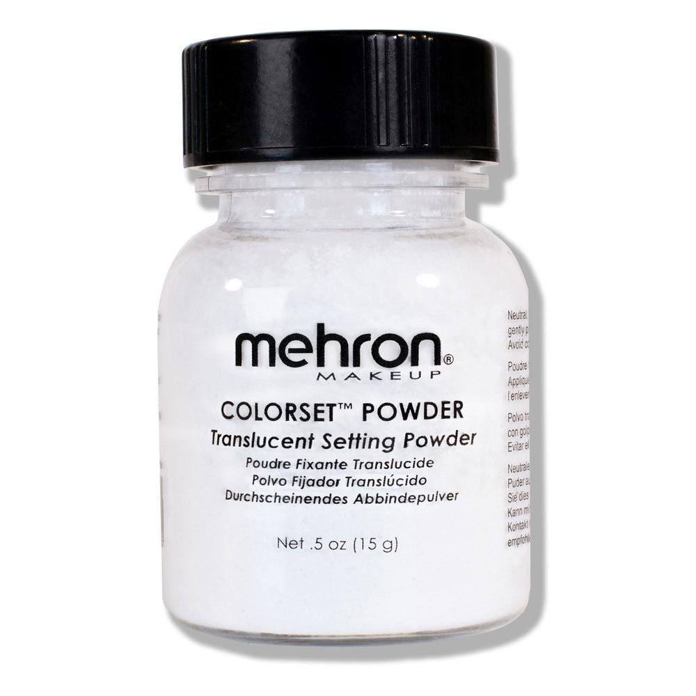 Mehron Colorset powder jar close-up showing oil-absorbent translucent setting powder