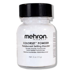 Mehron Colorset powder jar close-up showing oil-absorbent translucent setting powder