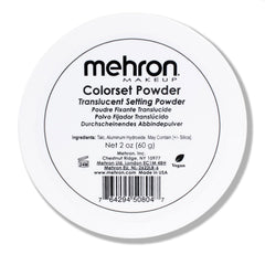 Mehron Colorset Powder packaging shown for professional-grade setting and oil absorption.