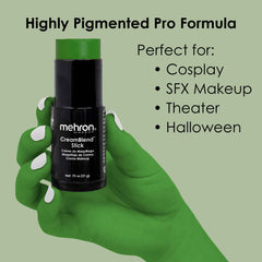 Mehron CreamBlend Green applied on face for an even foundation-like finish