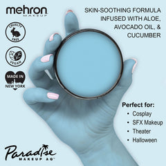 Mehron Paradise AQ light blue swatch on arm shows rich pigment and blendability.