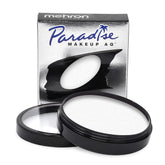 Mehron Paradise Makeup AQ white paint swatches on palette for stage-ready color.