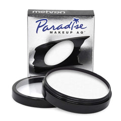Mehron Paradise Makeup AQ white paint swatches on palette for stage-ready color.