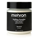 Mehron makeup setting powder neutral 1oz container with sifter for extended wear.