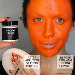 Mehron setting powder shown with powder puff for moisture absorption during makeup setting.