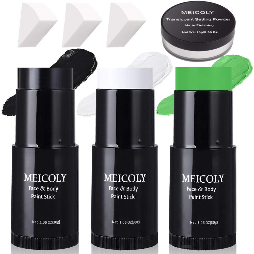 MEICOLY green face paint stick close-up highlighting creamy texture for vibrant cosplay effects
