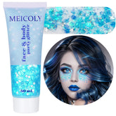 MEICOLY light-blue body glitter 50ml tube adds radiant skin shimmer for party looks.