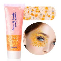 MEICOLY orange glitter gel applied to face and body for radiant festival glow.