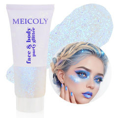 MEICOLY Sparkling Blue Body Glitter on skin showcasing rainbow-like shimmer for festival looks.