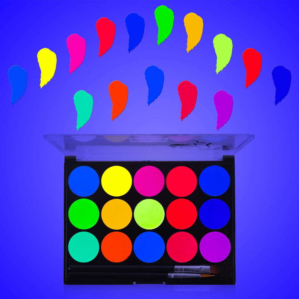 MEICOLY UV blacklight face paint palette with 15 neon colors for glow