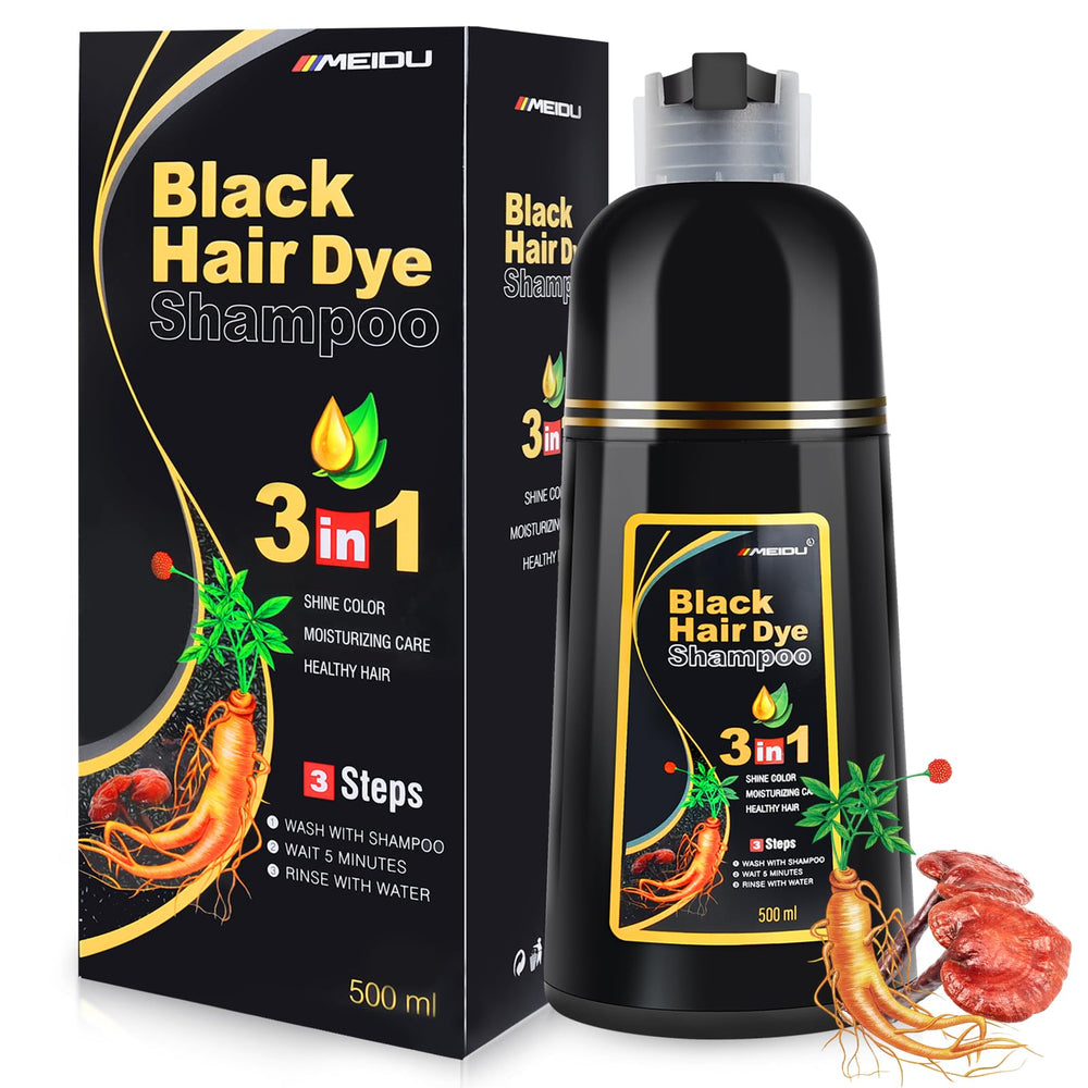MEIDU Shampoo bottle front shows 3-in-1 color benefits for gray hair