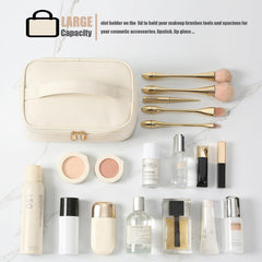 Meiyuuo beige makeup bag with 9x6x4.5 inch dimensions fits luggage