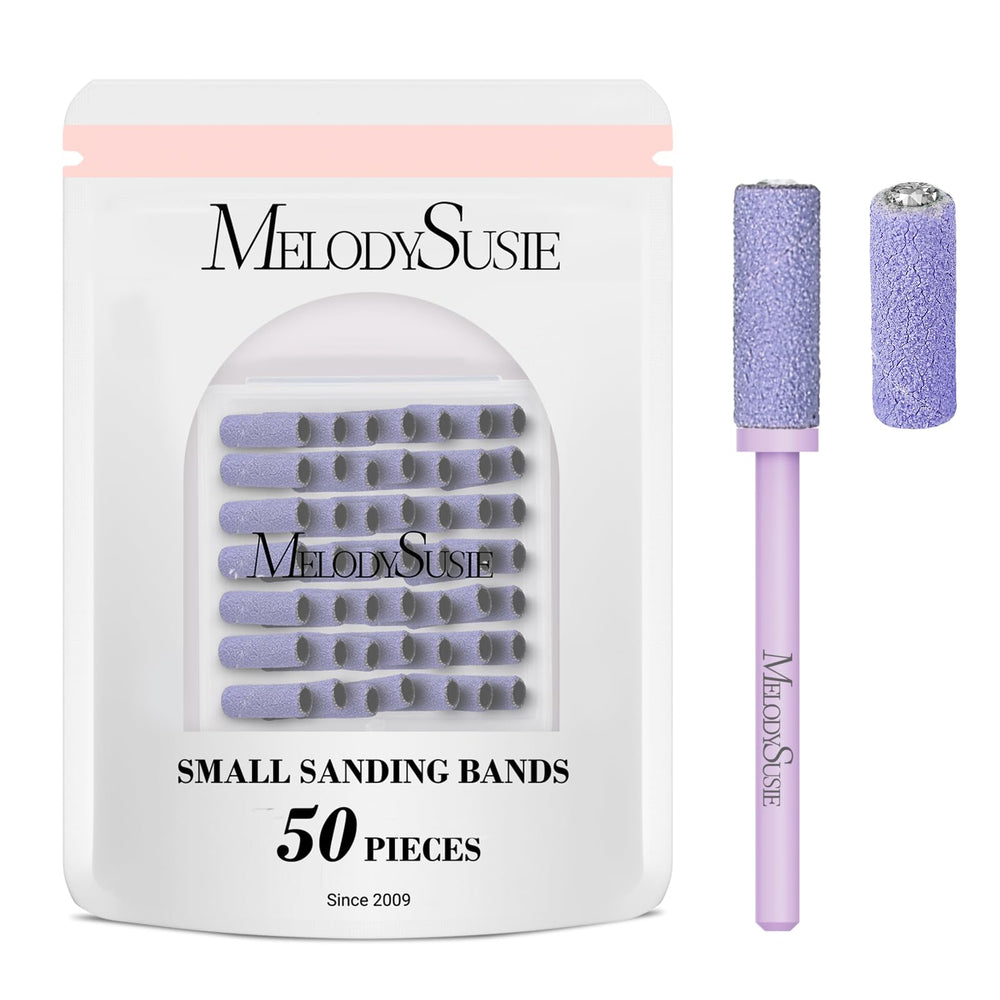 MelodySusie 50pc nail drill bits with small sanding bands and 3.1mm mandrel for precise shaping.