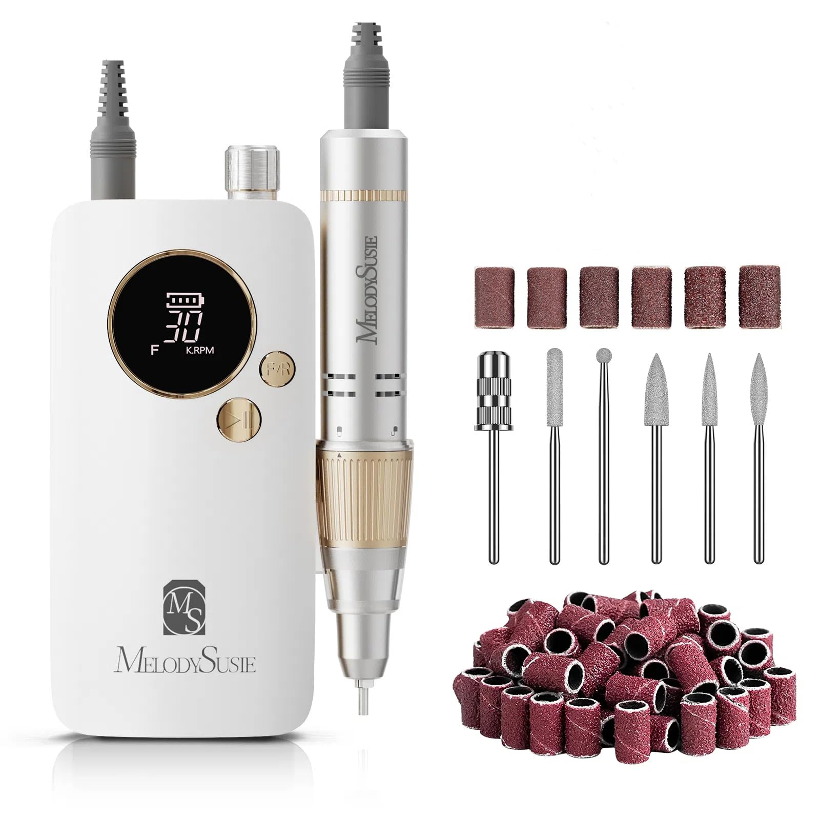 MelodySusie SC320F nail drill front view shows 30,000 RPM power for precise acrylic shaping