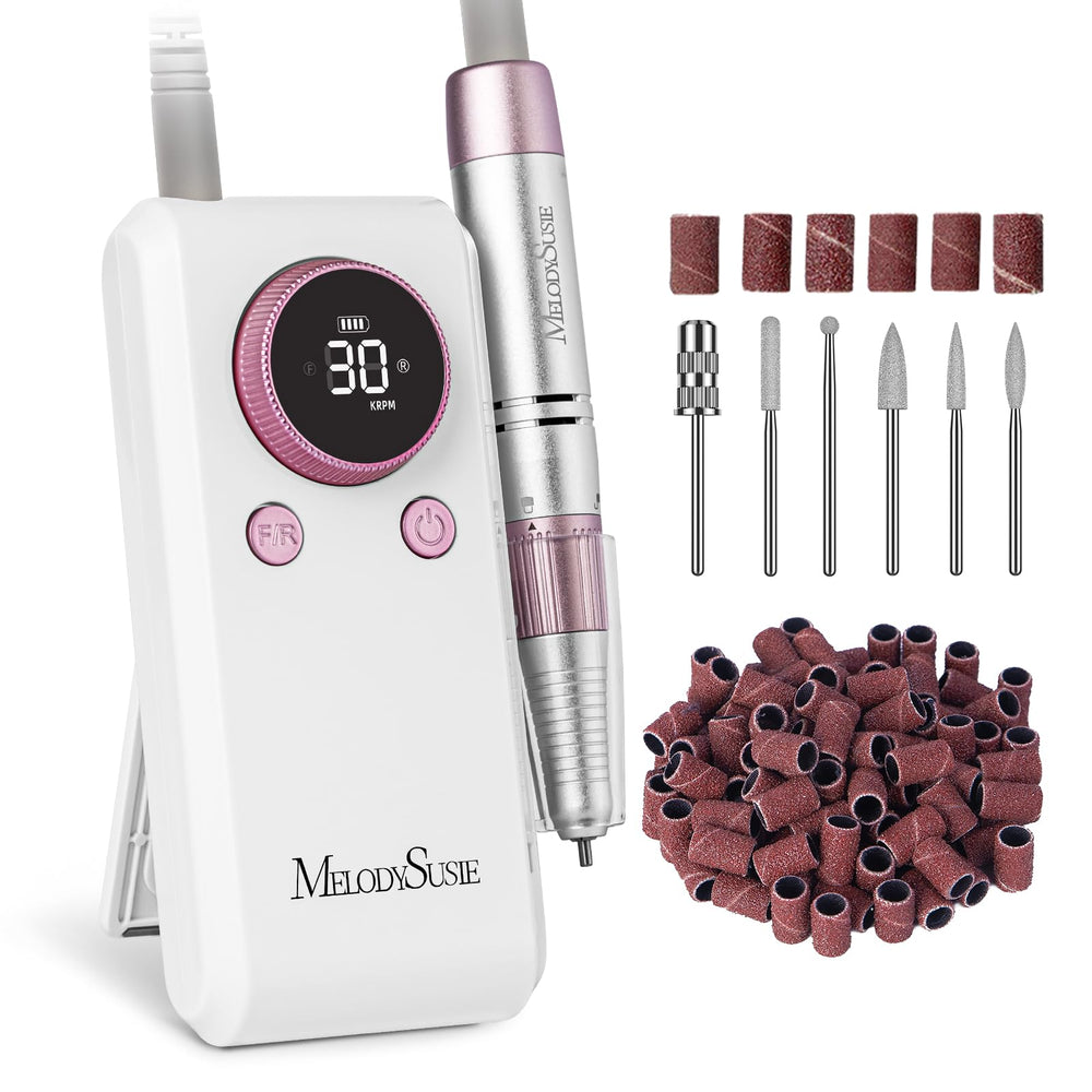 MelodySusie SC330G clip-on nail drill shown on belt for hands-free shaping