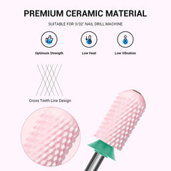 MelodySusie smooth-top ceramic bit in pink reduces friction and protects cuticles during shaping.