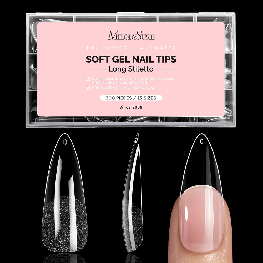 MelodySusie Stiletto X Nail Tips packaging display showcasing 300 pieces for DIY or salon use