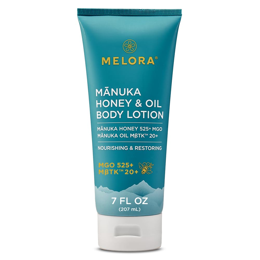 MELORA Manuka Honey Body Lotion 7oz bottle ready for daily hydration.