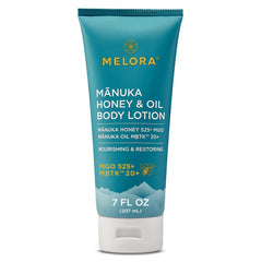 MELORA Manuka Honey Body Lotion 7oz bottle ready for daily hydration.