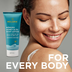 MELORA Manuka Honey Body Lotion pump-dispense close-up for easy application.