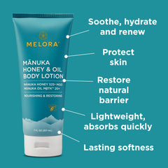 Steam-distilled MELORA Manuka oil visual highlight for soothing skin care.