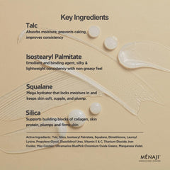 Menaji Anti-Shine Powder packaging showcases talc-based formula with vitamins for nourished skin.