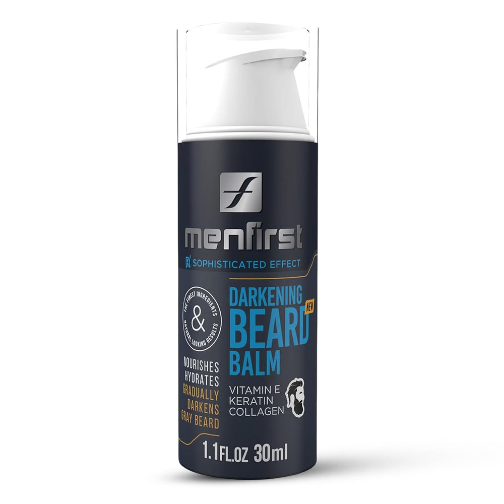 MENFIRST Darkening Beard Balm pump jar closeup for mess-free precise dispensing.