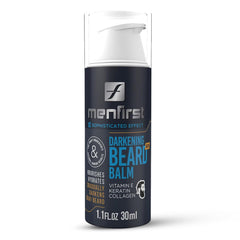 MENFIRST Darkening Beard Balm pump jar closeup for mess-free precise dispensing.