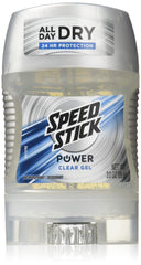 Mennen Speed Stick Power Clear Gel application shows quick-drying, residue-free formula for fabrics.