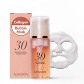 MENOKIN 30 Seconds Bubble Mask bottle close-up showing collagen lift and hydration