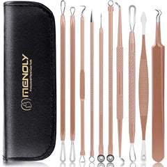 MENOLY pimple popper toolkit in rose-gold case for travel-ready blemish care.