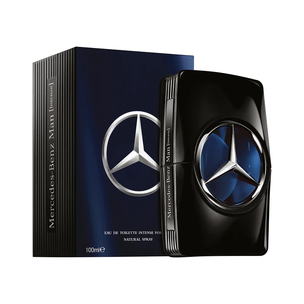 Mercedes-Benz Man Intense bottle-top detail highlights premium design for refined daily wear.