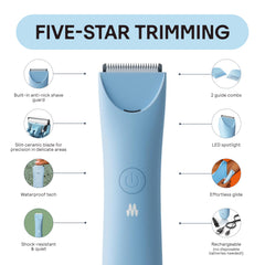 MERIDIAN Slimmer Trimmer skin-glide blade minimizes nicks during pubic-area trimming.
