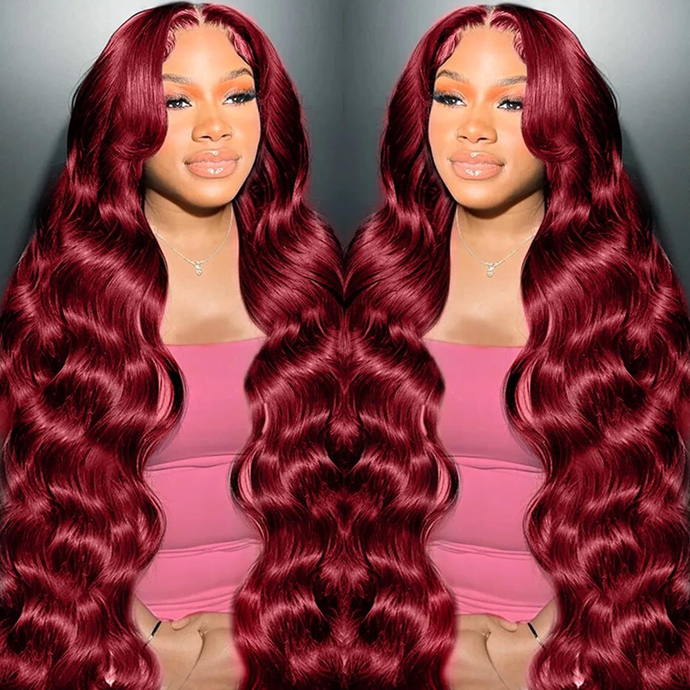 METDIO 99J burgundy wig frontal view with natural lace front and seamless parting.