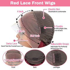 METDIO burgundy wig lace-front detail highlighting 13x4 transparent lace.