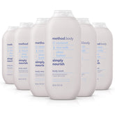 Method Simply Nourish body wash bottle front promotes gentle moisturization with coconut aroma.