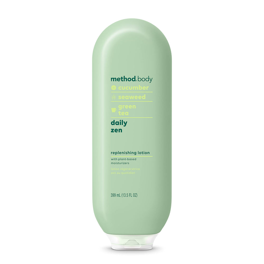 Method Daily Lotion packaging close-up emphasizes premium bottle for daily use.