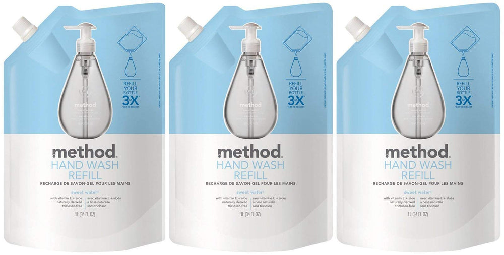 Method Gel Hand Soap Refill Sweet Water bottle pour, quick refill convenience.