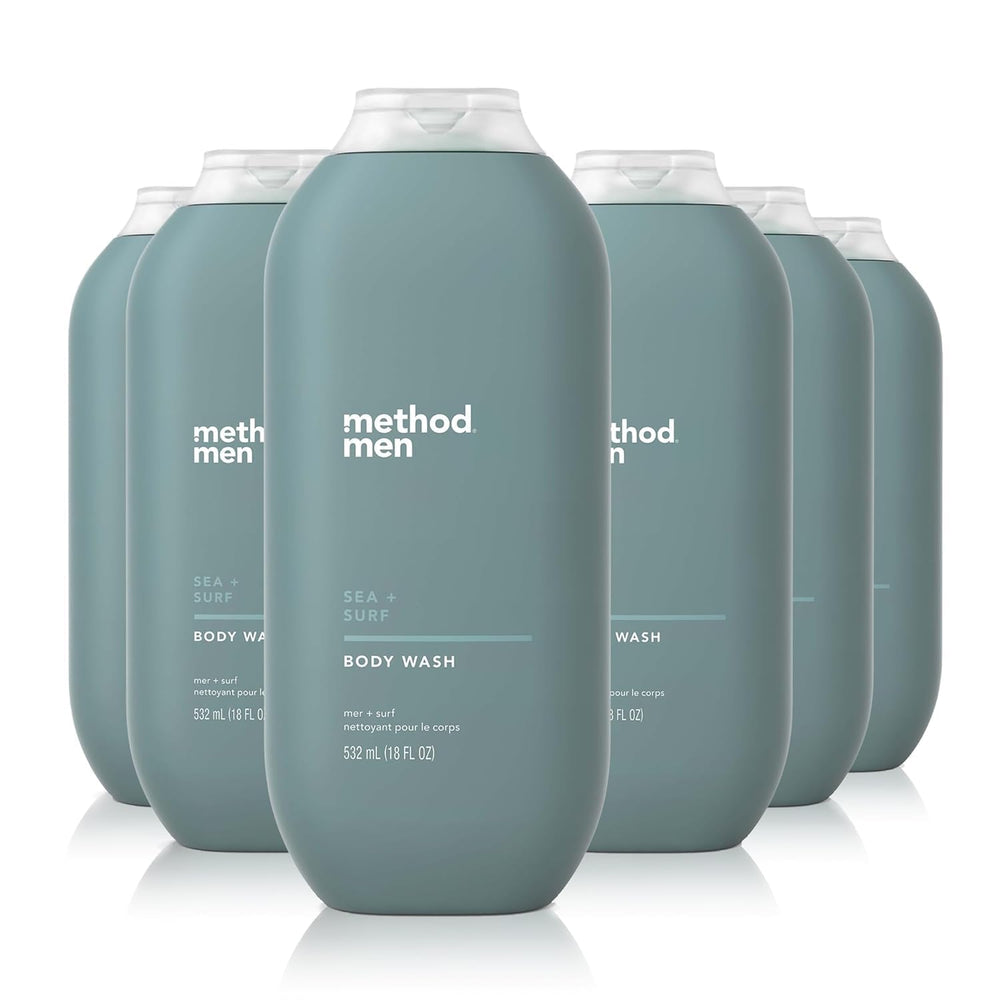 Method Men Sea + Surf body wash bottle front shows fresh paraben-free cleansing for daily grooming