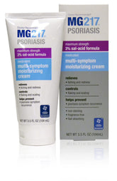 MG217 psoriasis cream bottle shows medicated formula for dry skin relief.